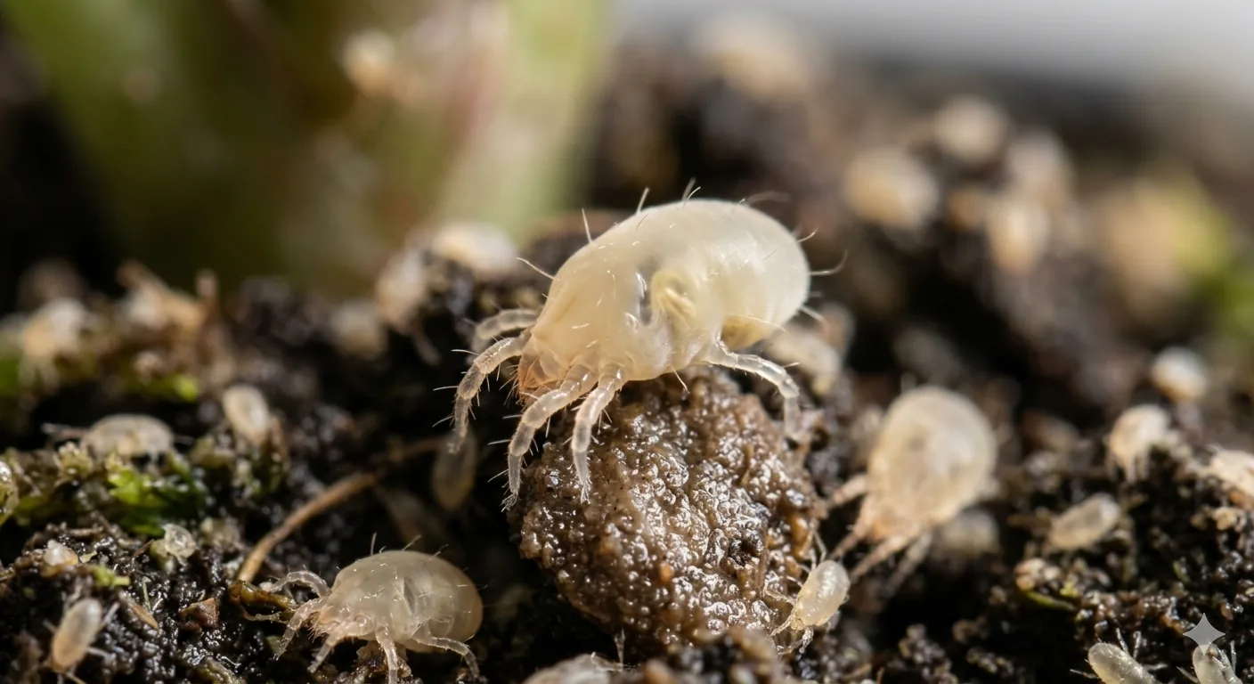 Close-up of tiny soil mites in potting mix
