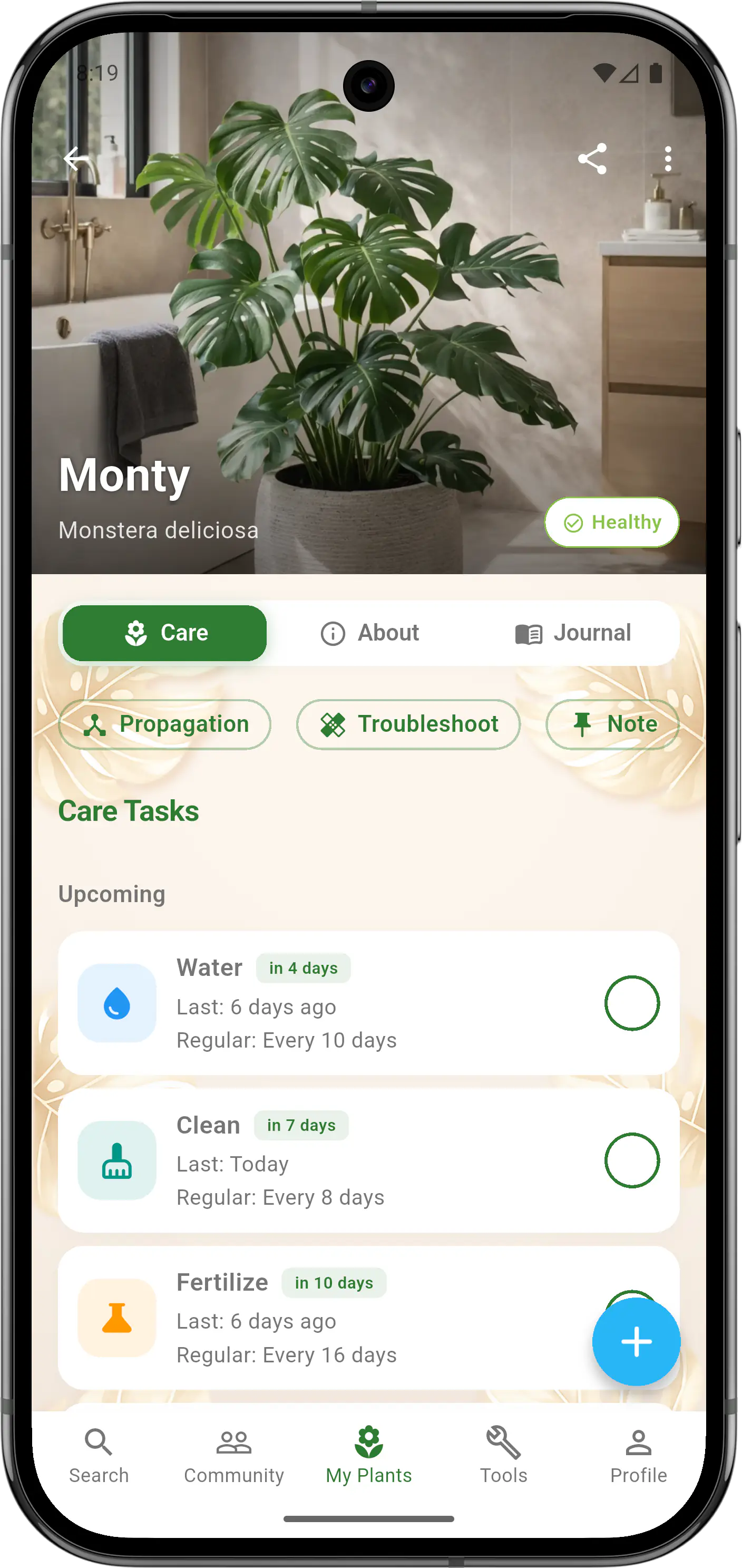 Smart Care routine screen in Plantology