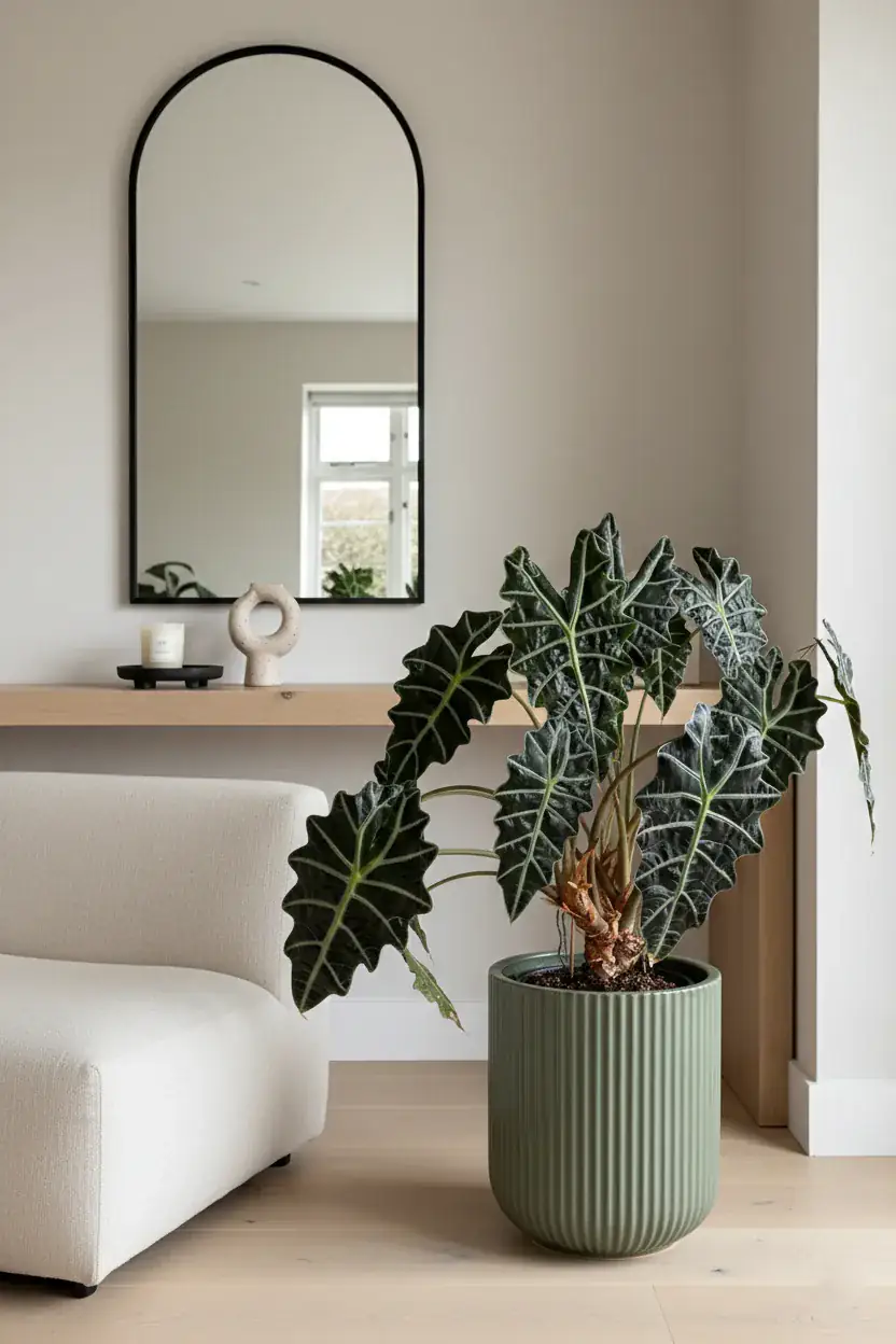 Healthy African Mask (Alocasia amazonica) in bright indirect, also known as African Mask