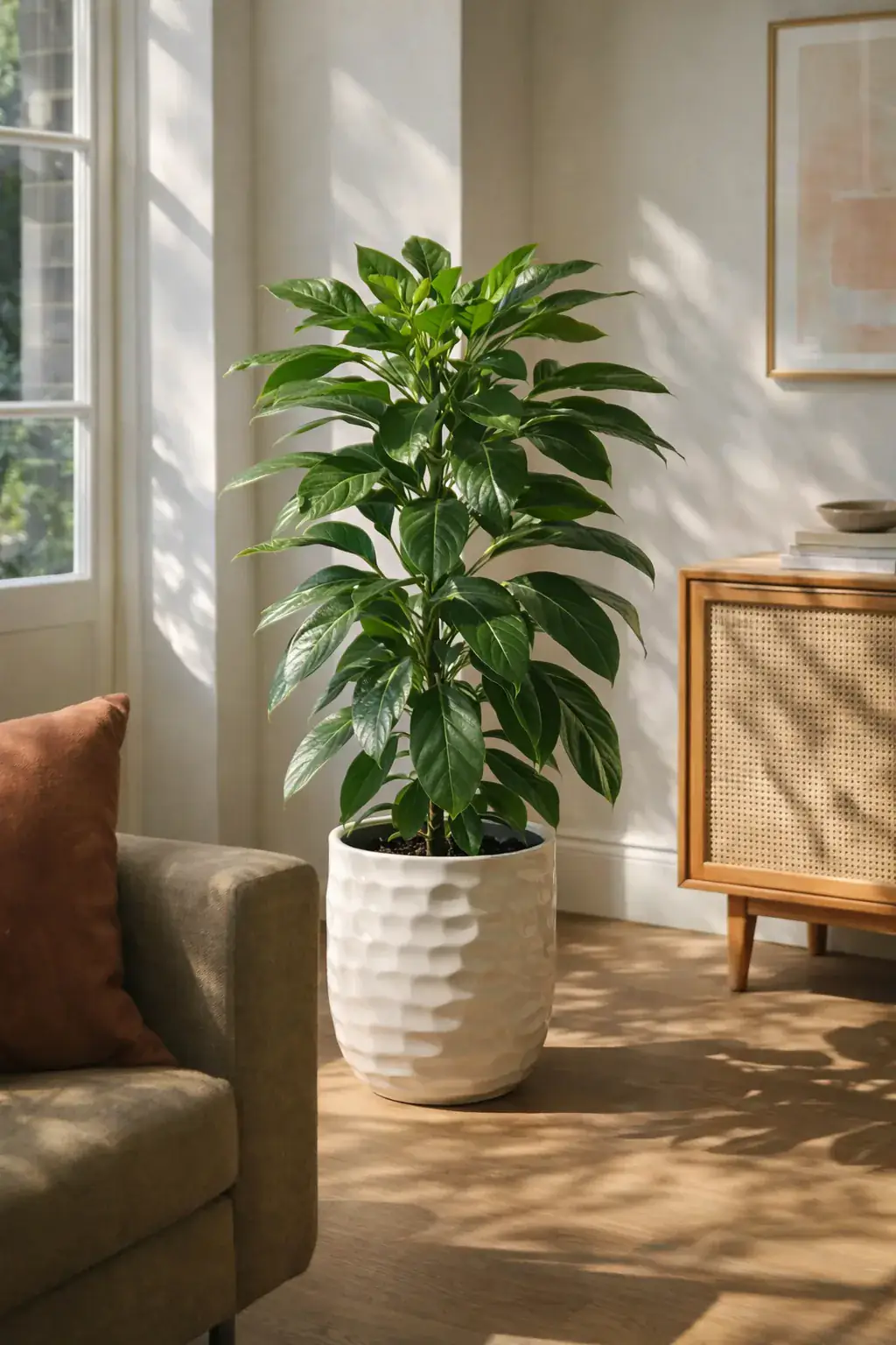 Healthy Alpine Umbrella Tree (Schefflera actinophylla 'Alpine') in bright indirect, also known as Alpine Umbrella Tree