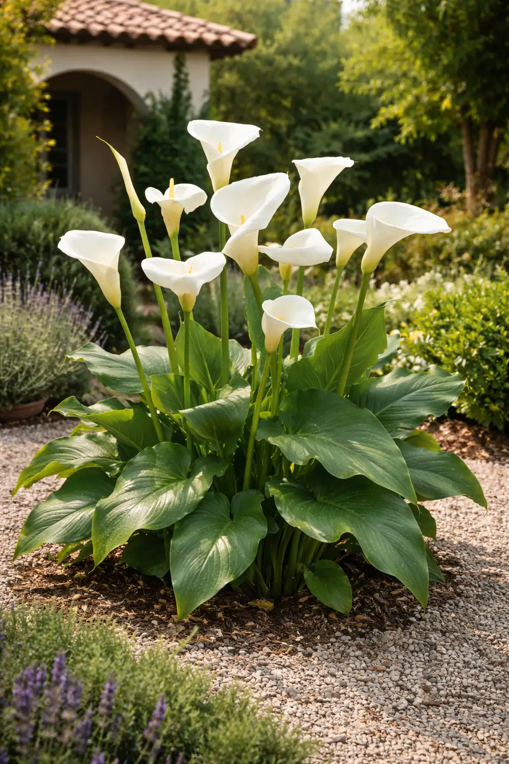 Healthy Arum Lily (Zantedeschia aethiopica) in bright indirect, also known as Arum Lily
