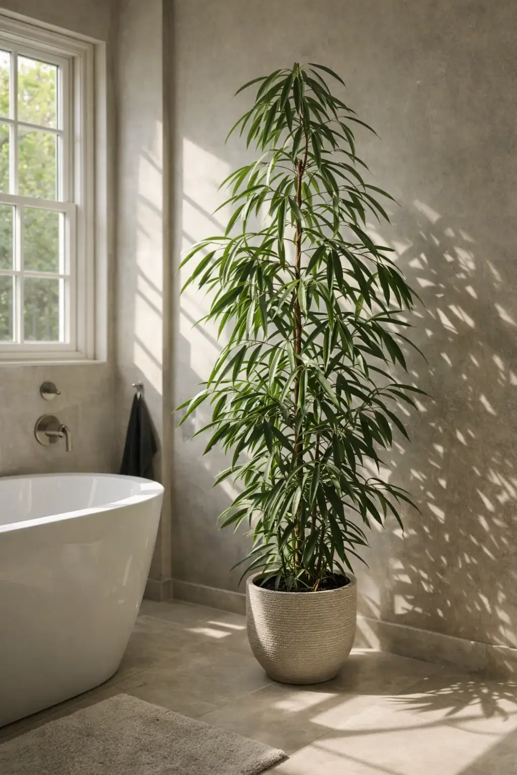 Healthy Banana Leaf Fig (Ficus maclellandii 'Alii') in bright indirect, also known as Banana Leaf Fig