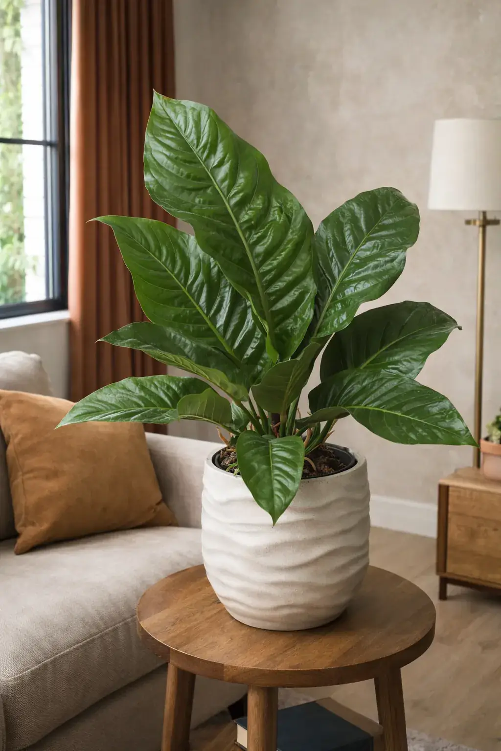 Healthy Birds Nest Anthurium (Anthurium hookeri) in bright indirect, also known as Birds Nest Anthurium