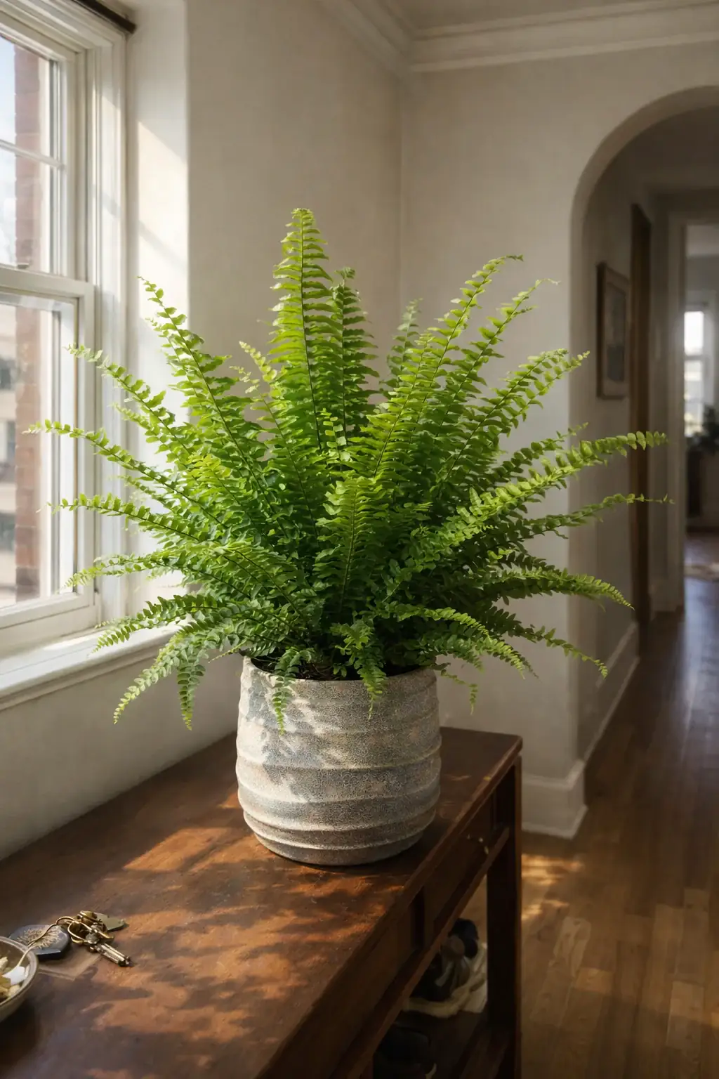 Healthy Boston Fern (Nephrolepis exaltata) in medium, also known as Boston Fern
