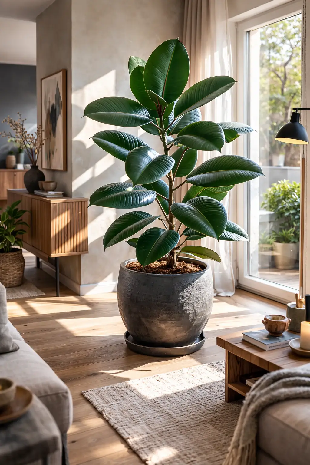 Healthy Broadleaf Rubber Plant (Ficus elastica 'Decora') in bright indirect, also known as Broadleaf Rubber Plant