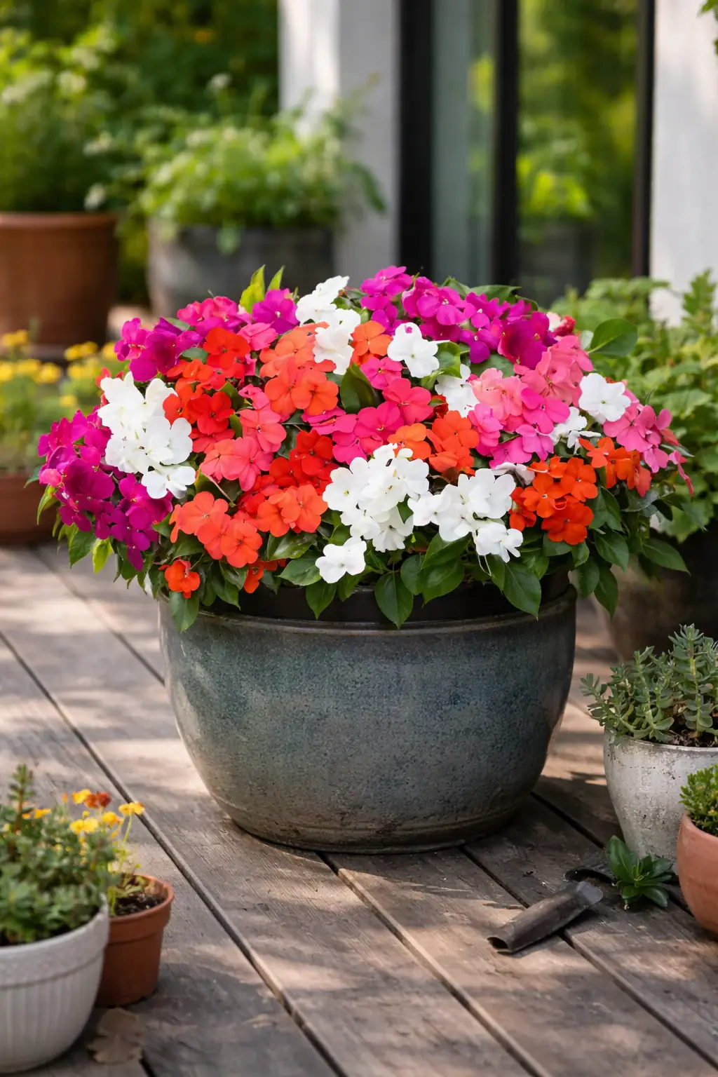 Healthy Busy Lizzie (Impatiens walleriana) in low, also known as Busy Lizzie