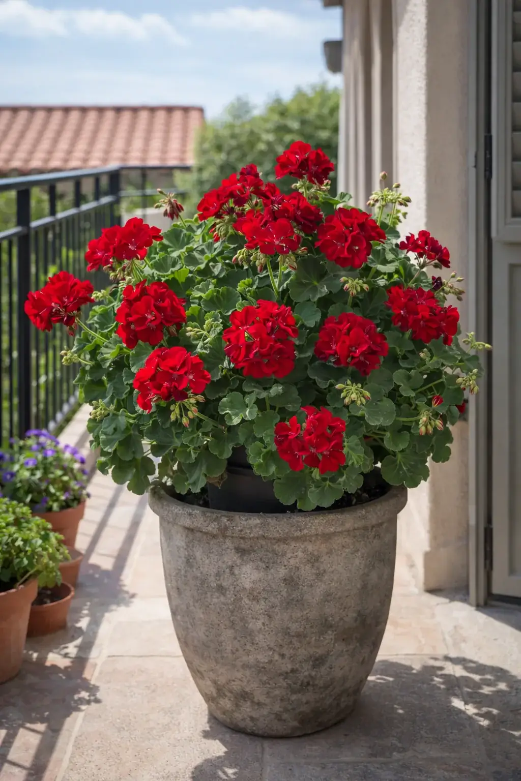 Healthy Calliope Dark Red Geranium (Pelargonium x hortorum 'Calliope Large Dark Red') in direct, also known as Calliope Dark Red Geranium