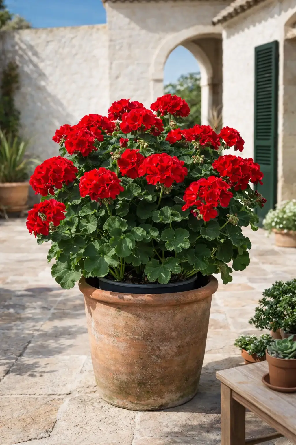 Healthy Calliope Red Geranium (Pelargonium x hortorum 'Calliope Large Red') in direct, also known as Calliope Red Geranium