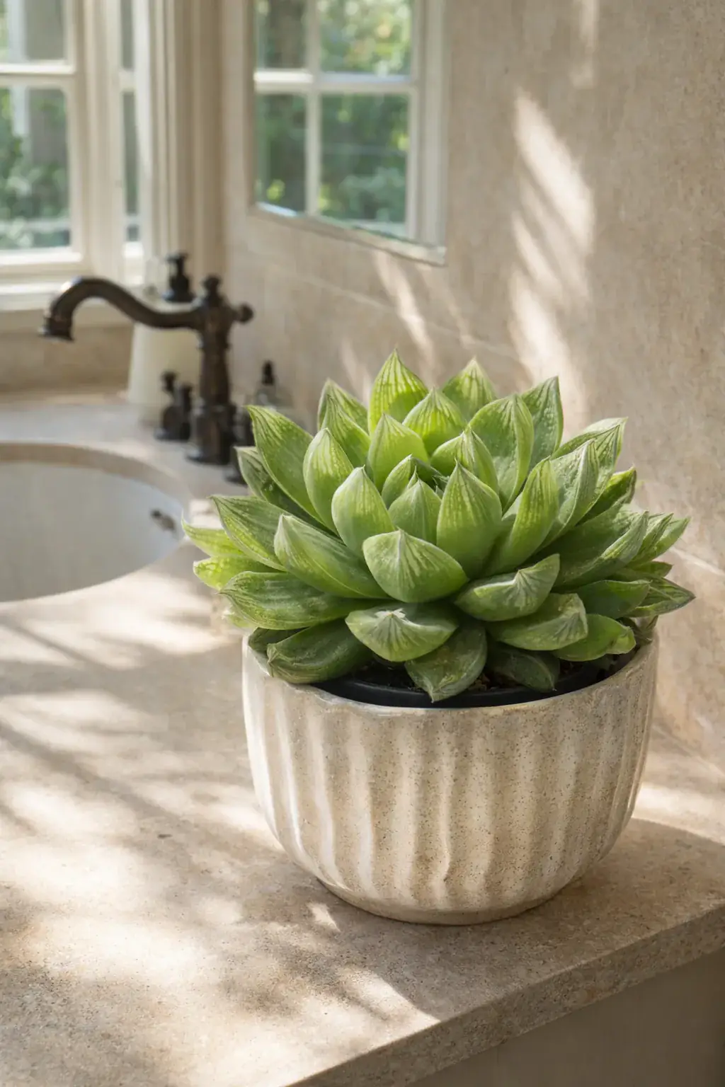 Healthy Cathedral Window Haworthia (Haworthia cymbiformis) in bright indirect, also known as Cathedral Window Haworthia