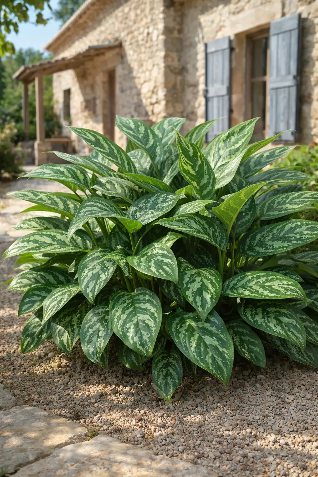 Healthy Chinese Evergreen (Aglaonema commutatum) in low, also known as Chinese Evergreen