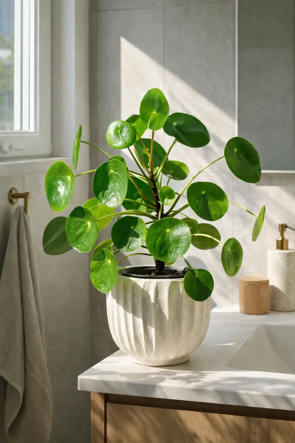 Healthy Chinese Money Plant (Pilea peperomioides) in bright indirect, also known as Chinese Money Plant