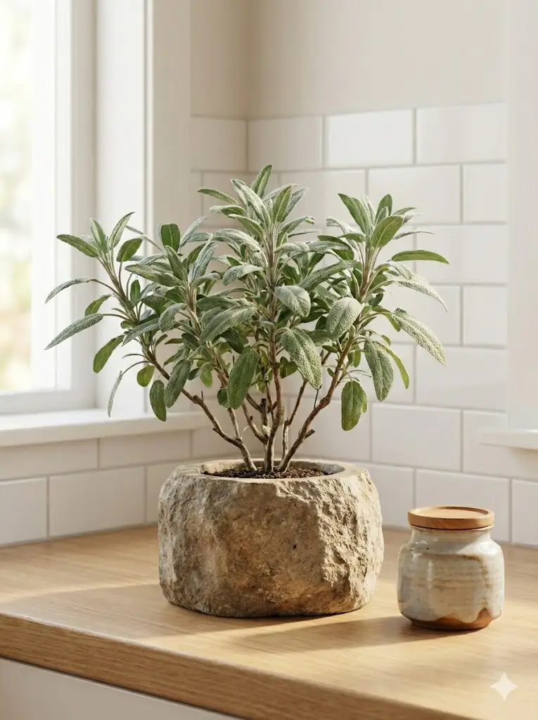 Healthy Common Sage (Salvia officinalis) in direct, also known as Common Sage
