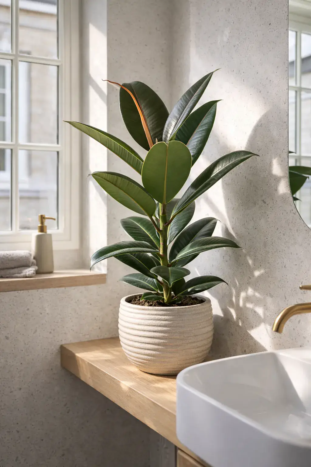 Healthy Compact Burgundy Rubber Plant (Ficus elastica 'Melany') in bright indirect, also known as Compact Burgundy Rubber Plant