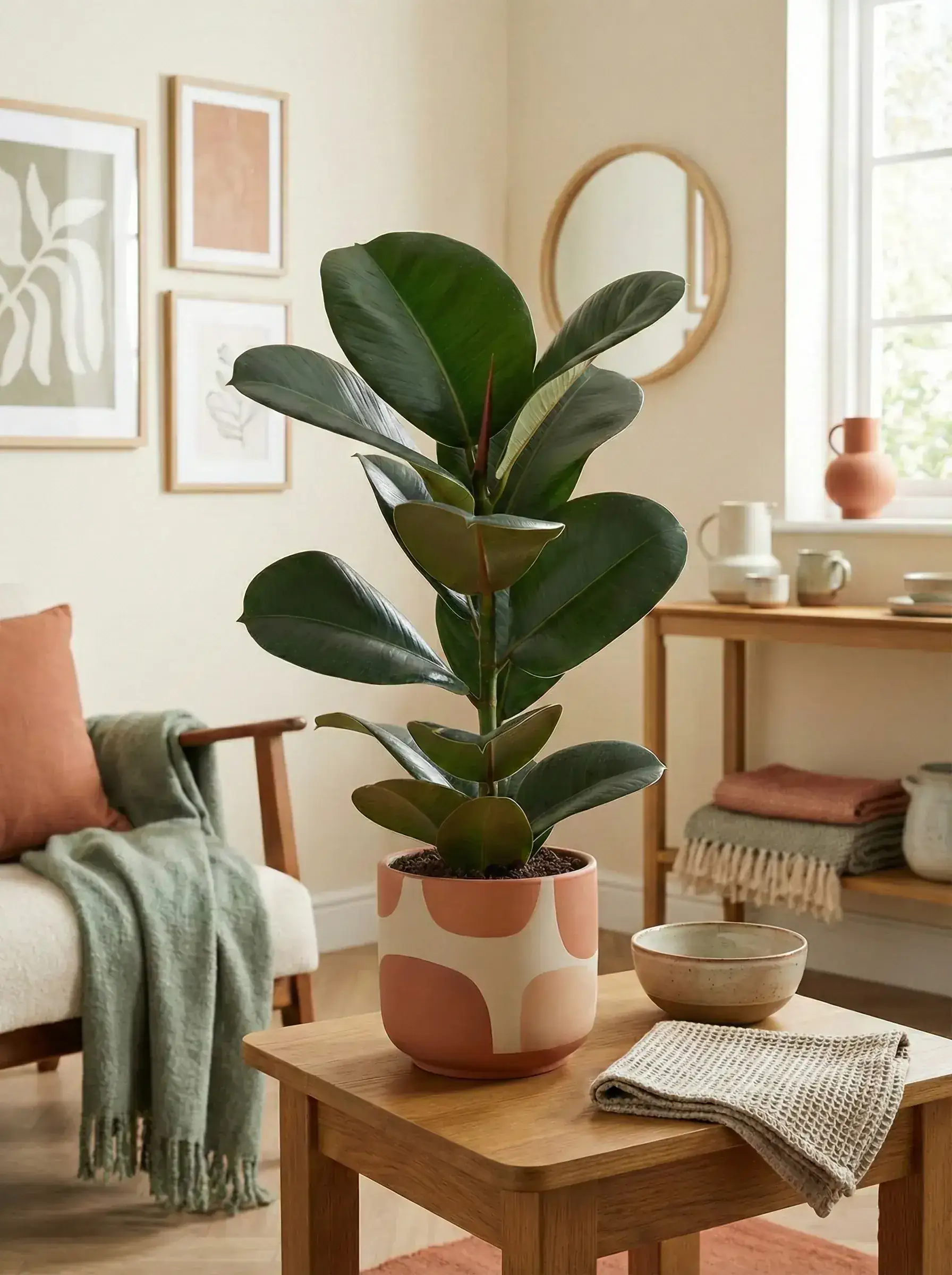 Healthy Compact Rubber Plant (Ficus elastica 'Sophia') in bright indirect, also known as Compact Rubber Plant