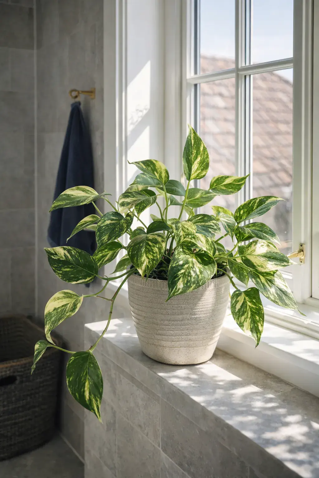 Healthy Devils Ivy (Epipremnum aureum) in bright indirect, also known as Devils Ivy