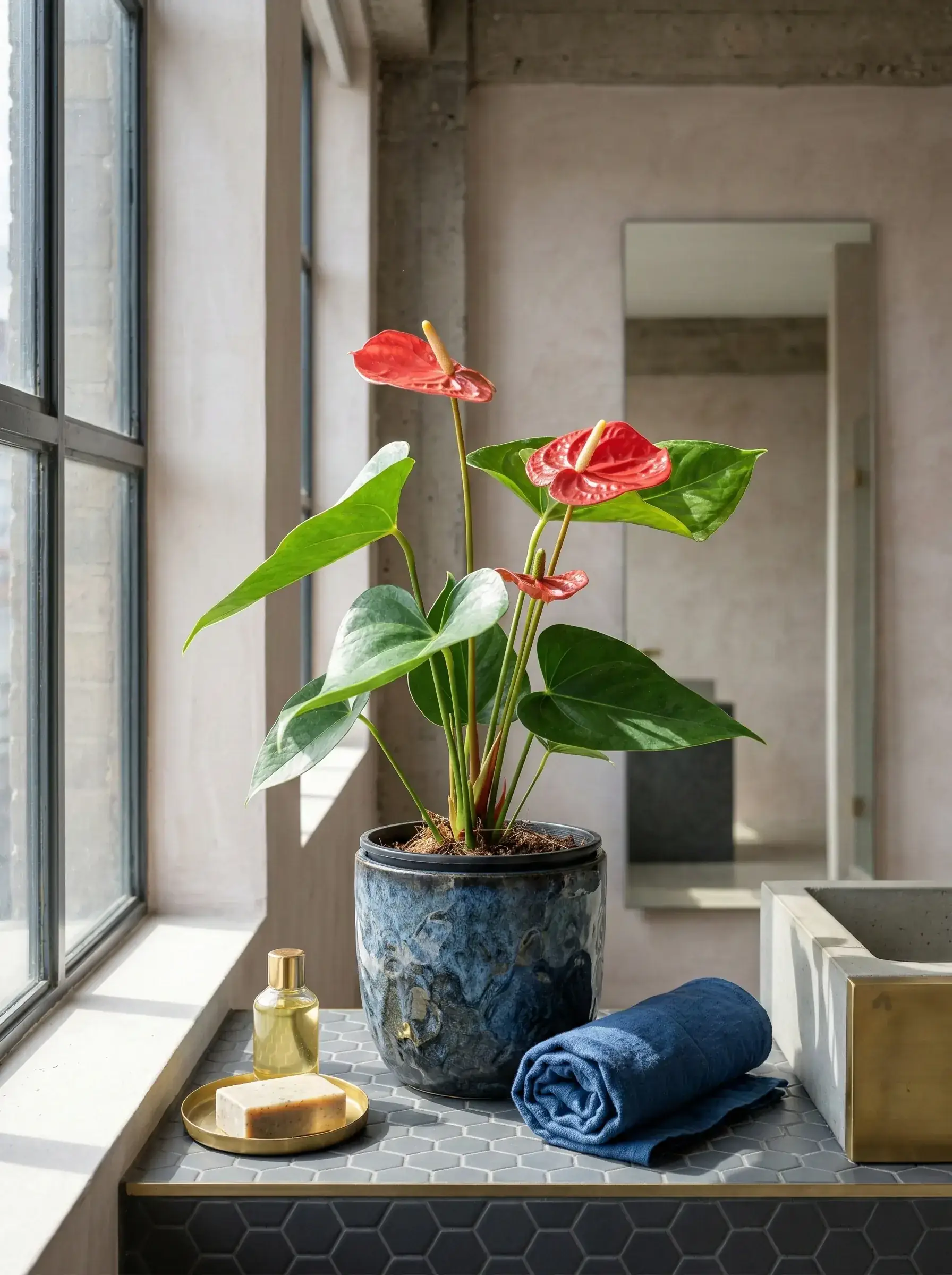 Healthy Flamingo Flower (Anthurium andraeanum) in bright indirect, also known as Flamingo Flower