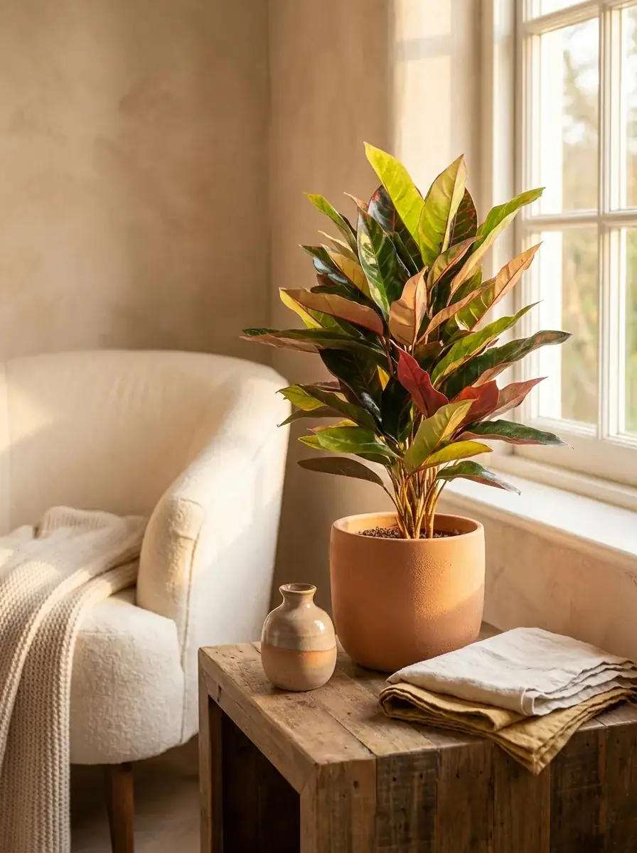 Healthy Garden Croton (Codiaeum variegatum) in bright indirect, also known as Garden Croton