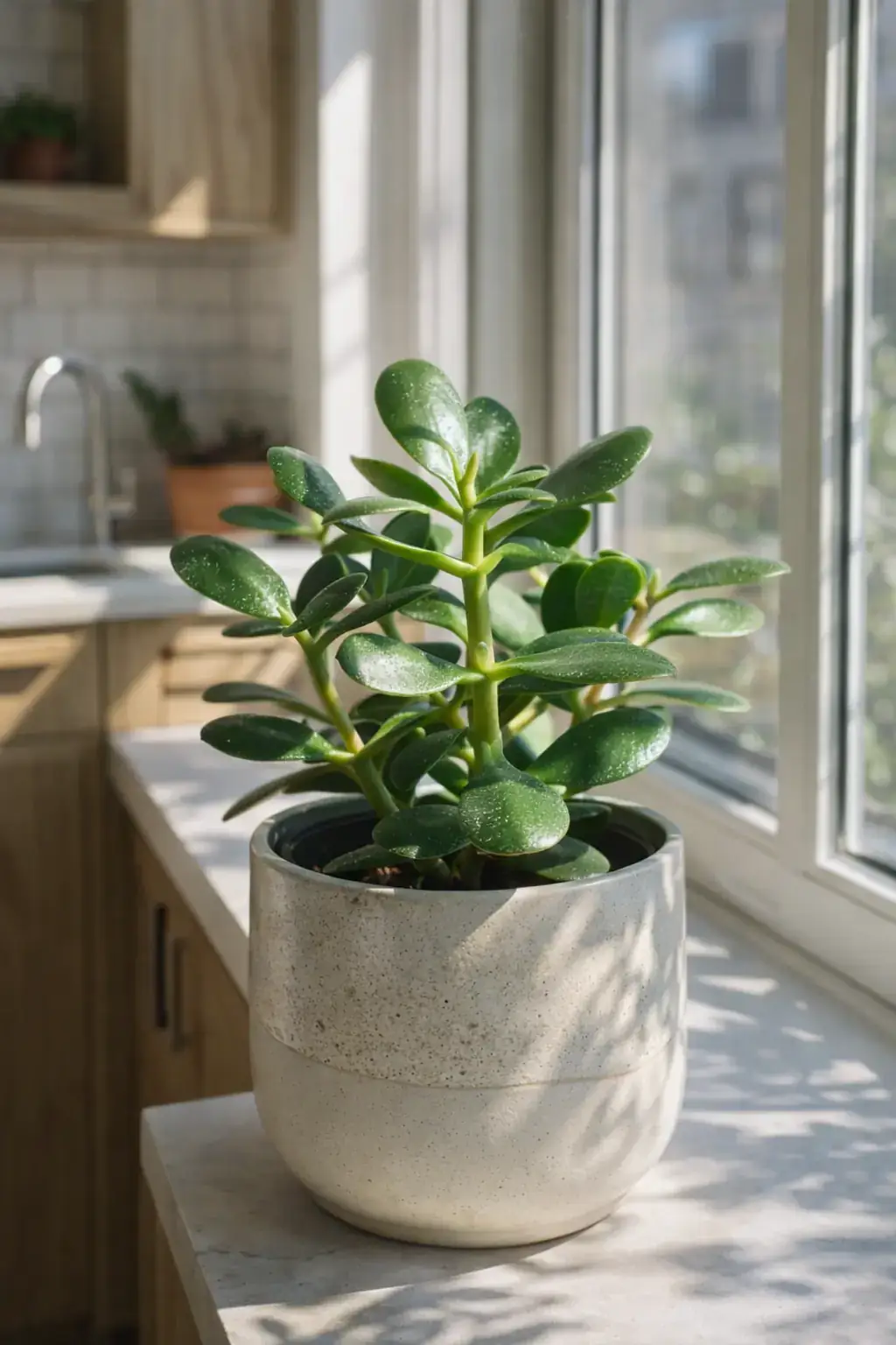 Healthy Jade Plant (Crassula ovata) in bright indirect, also known as Jade Plant