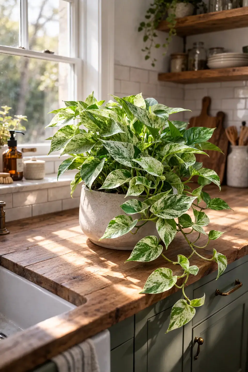Healthy Marble Queen Pothos (Epipremnum aureum 'Marble Queen') in bright indirect, also known as Marble Queen Pothos