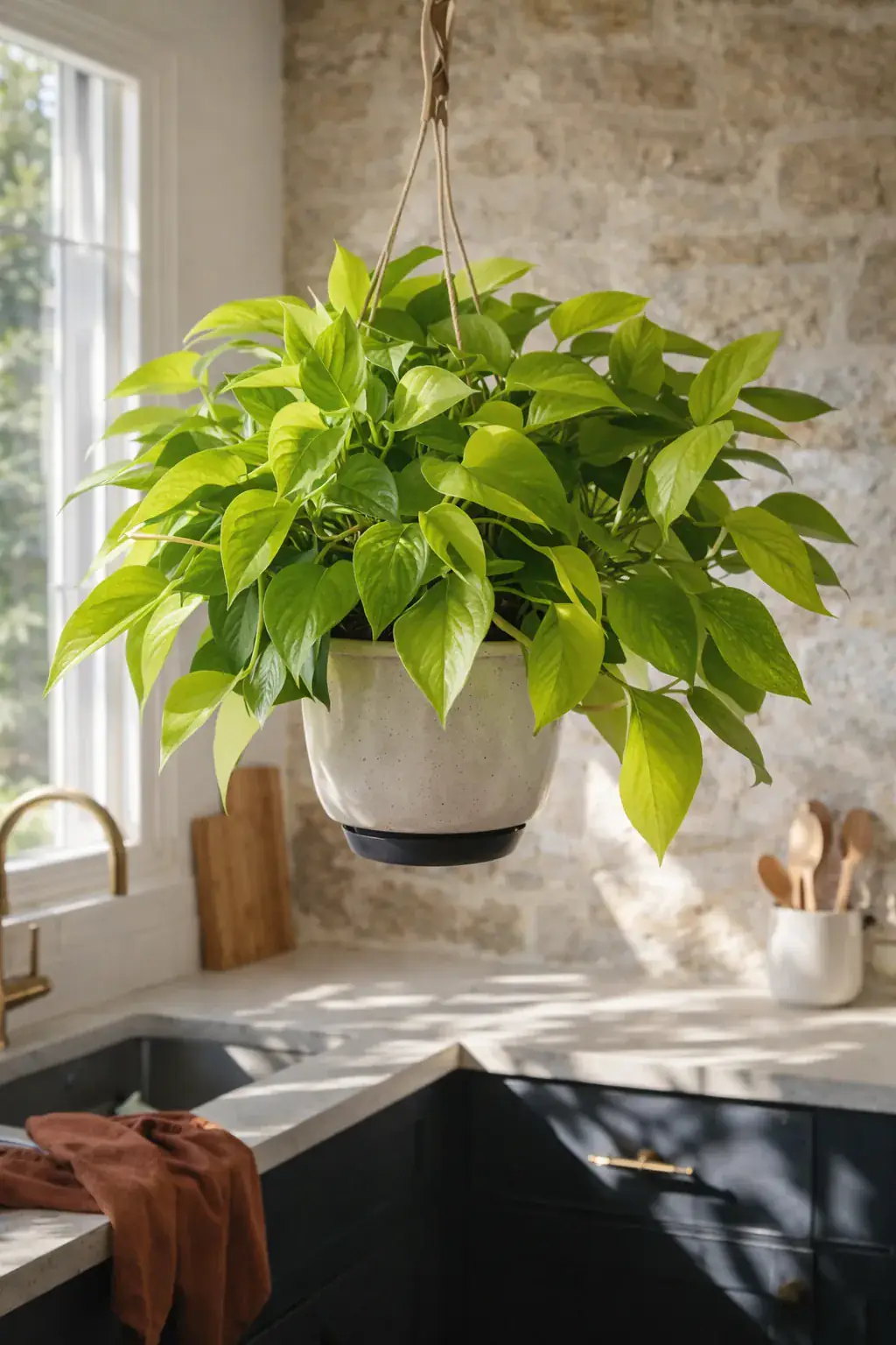 Healthy Neon Devils Ivy (Epipremnum aureum 'Neon') in bright indirect, also known as Neon Devils Ivy