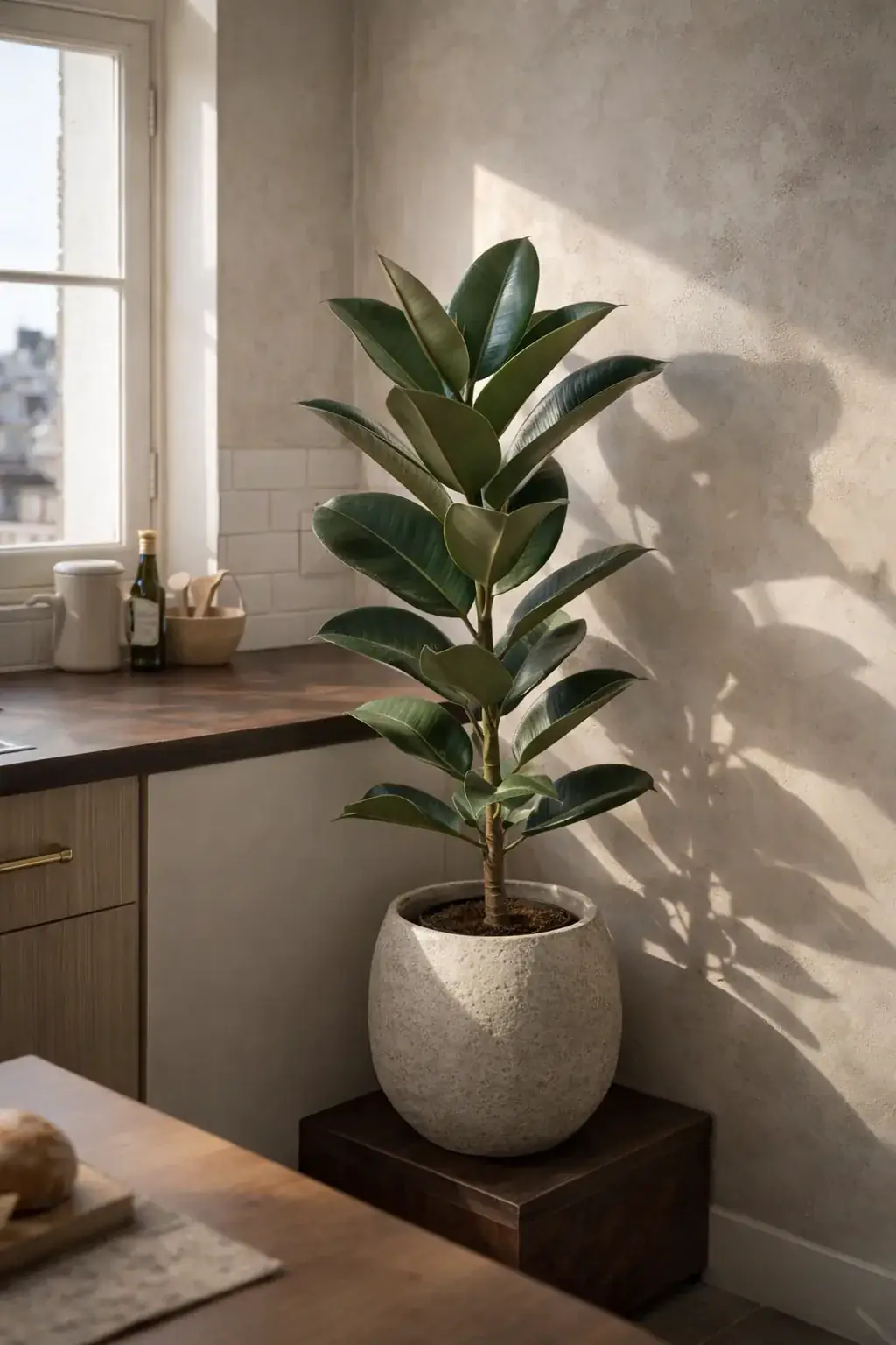 Healthy Rubber Plant (Ficus elastica 'Robusta') in bright indirect, also known as Rubber Plant