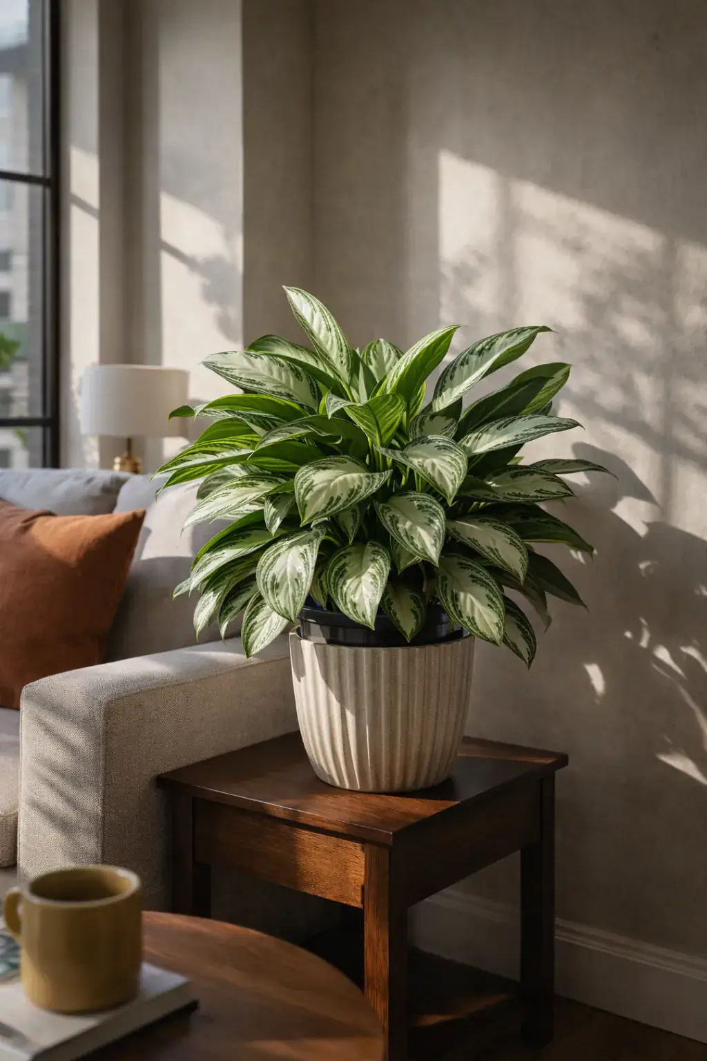 Healthy Silver Bay Chinese Evergreen (Aglaonema 'Silver Bay') in low, also known as Silver Bay Chinese Evergreen