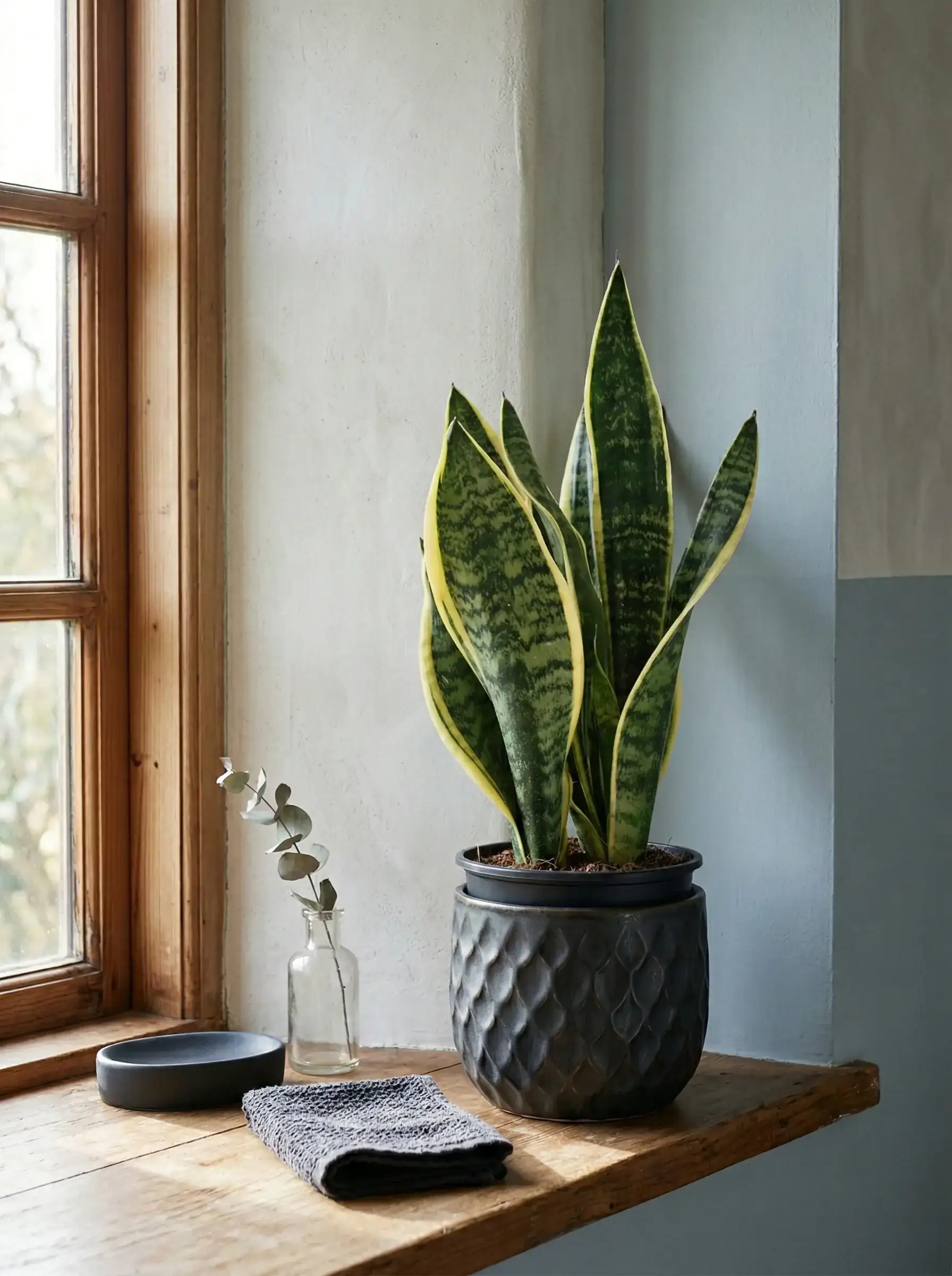 Healthy Snake Plant (Dracaena trifasciata) in bright indirect, also known as Snake Plant