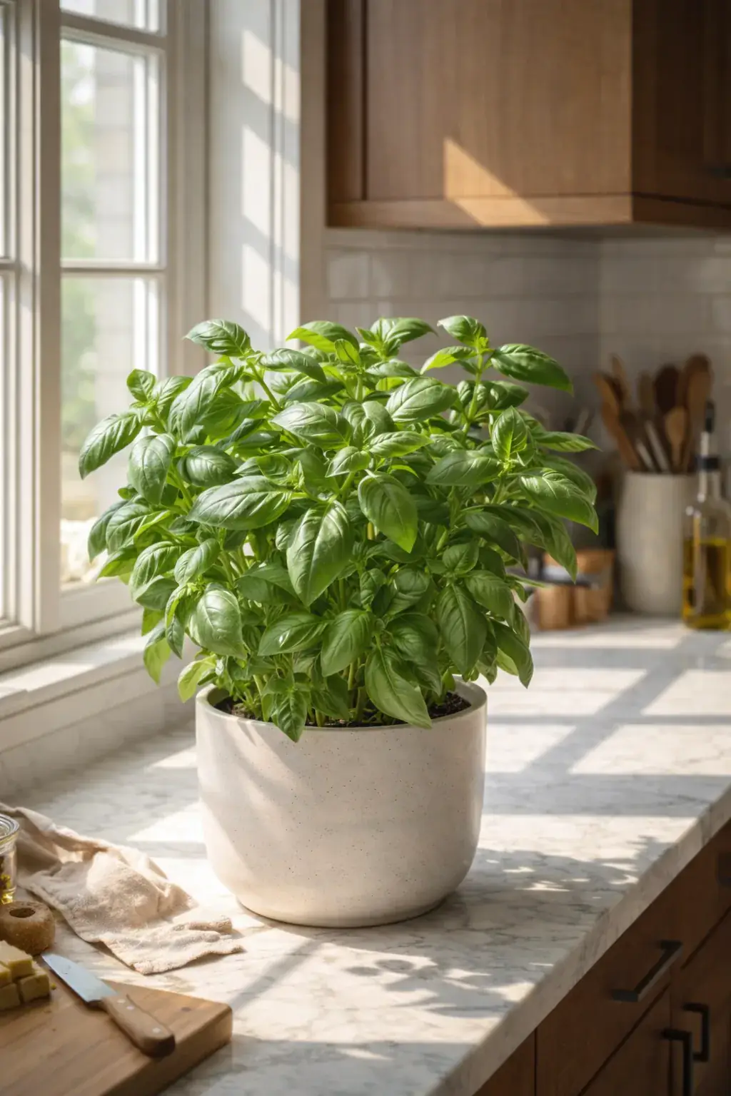 Healthy Sweet Basil (Ocimum basilicum) in bright indirect, also known as Sweet Basil