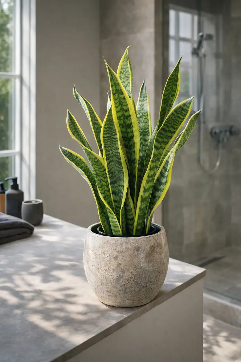 Healthy Variegated Snake Plant (Sansevieria trifasciata 'Laurentii') in bright indirect, also known as Variegated Snake Plant