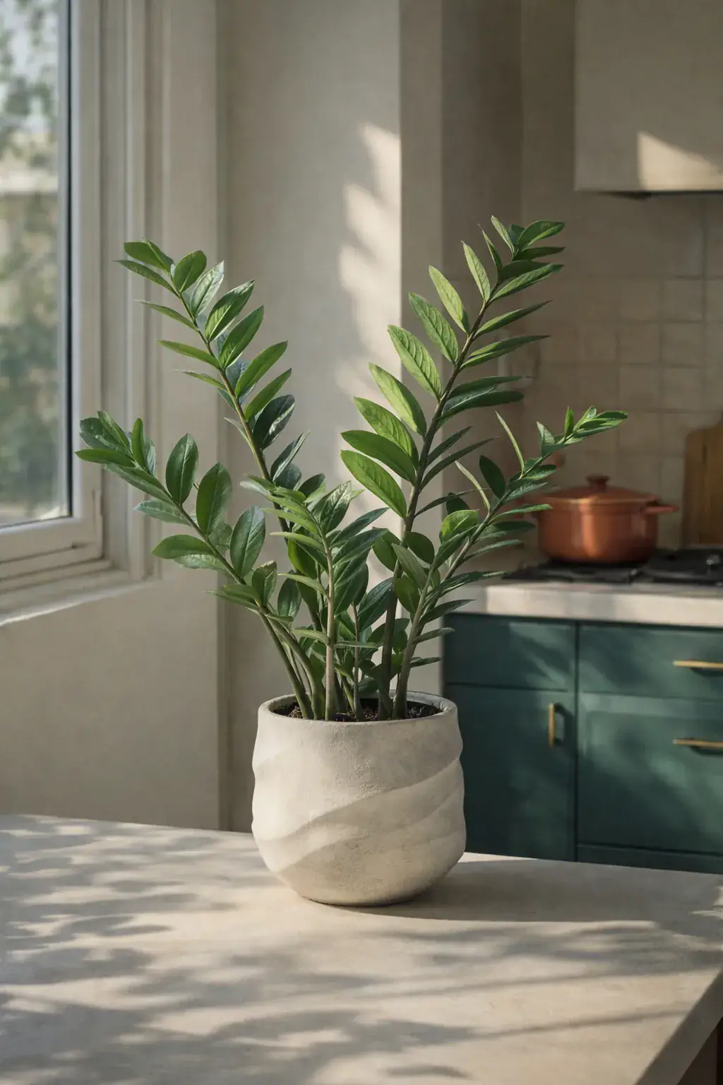 Healthy Zanzibar Gem (Zamioculcas zamiifolia) in bright indirect, also known as Zanzibar Gem